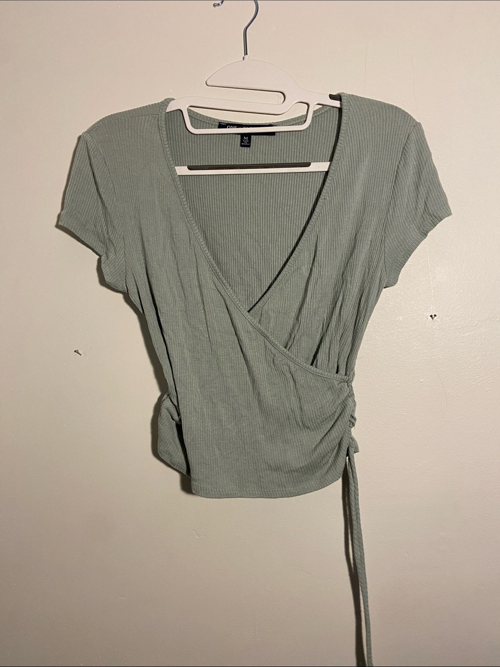 Light Green Ribbed Wrap Short Sleeve Top